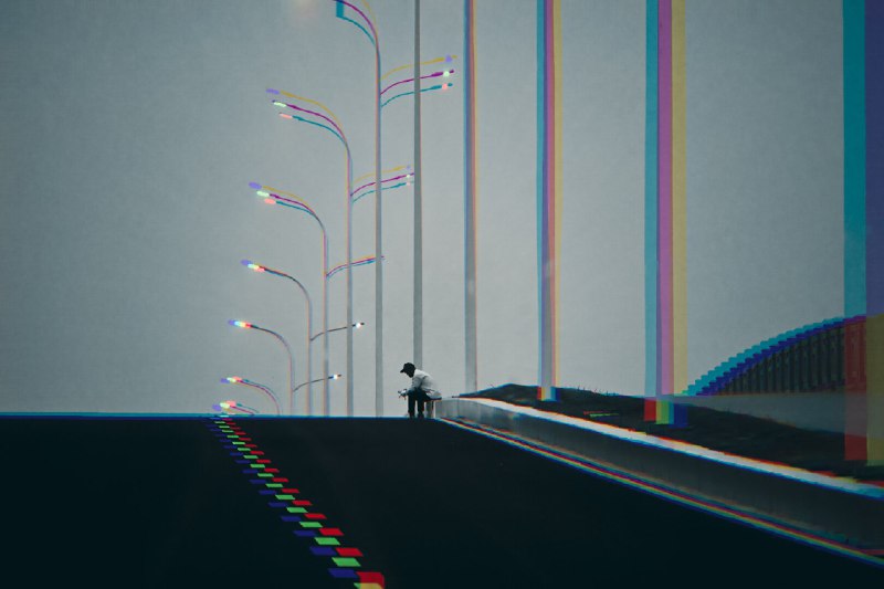 边缘(the edge)2025.6.3 太阳刚刚沉下，黑夜即将涌来，在一座即将建成的桥上，我拍完日落，回头看见一个孤独的人坐在路牙上，路灯与地面的线刚好延伸到一点，这人的位置恰到好处，便举起相机，按下快门